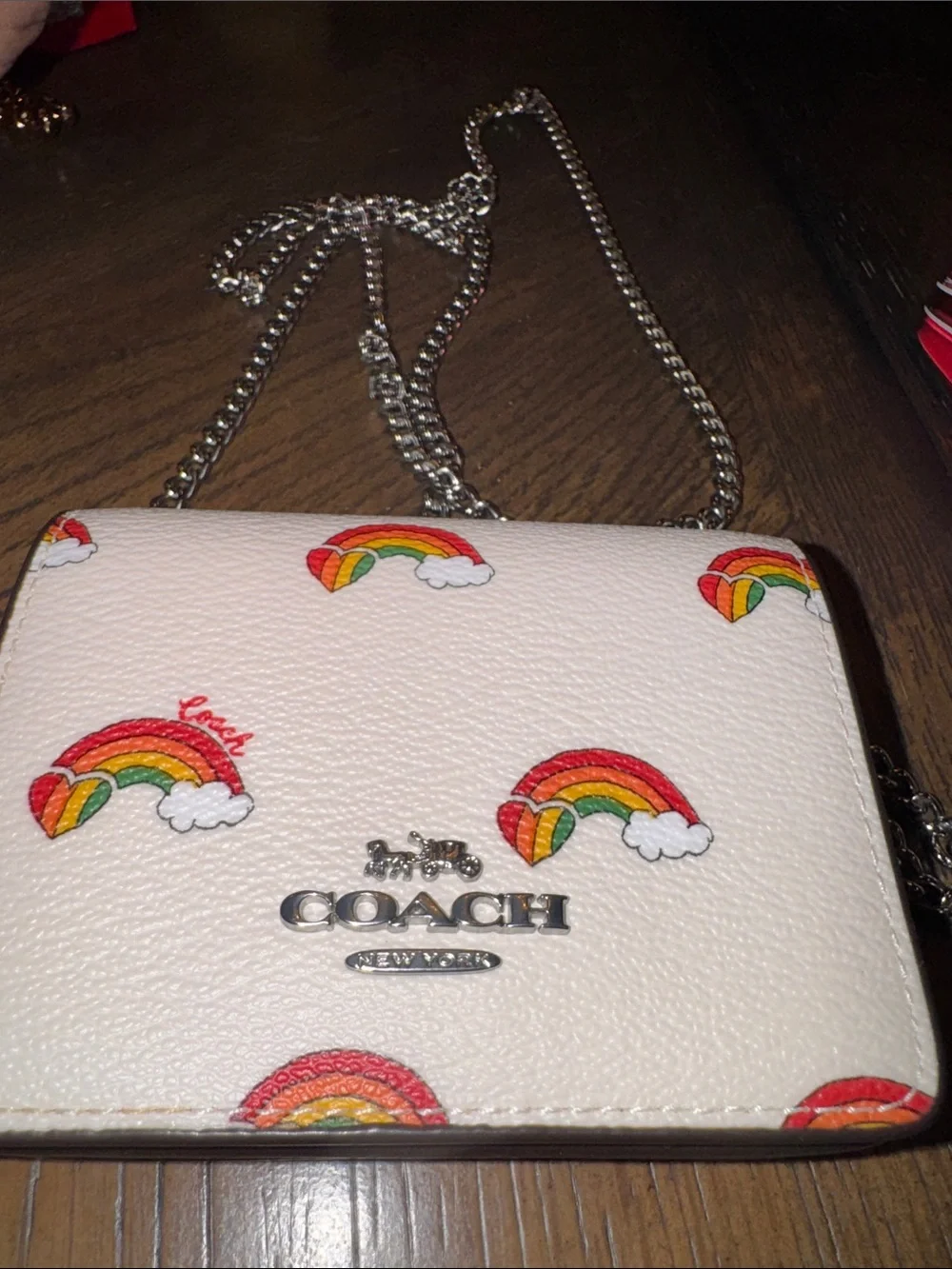 Coach Cream Mini Crossbody with Rainbow Print and Silver Chain